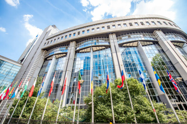 View on the European parliament building with flags of members in Brussels