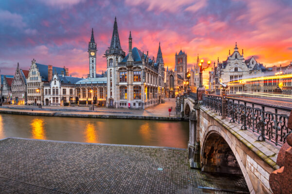 Ghent, Belgium old town cityscape from the Graslei are at dawn.