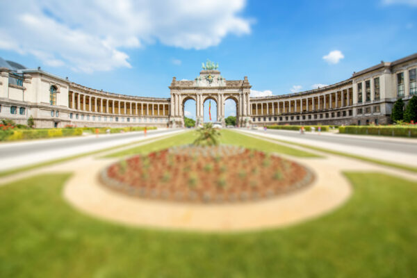 Viewon the Triumphal Arch in Cinquantenaire park in Brussels. Tilt-shift image technic